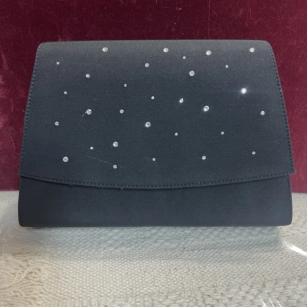 J Renee Handbag Crossbody Clutch Black Fabric clear, rhinestones, New w/ Tag‎